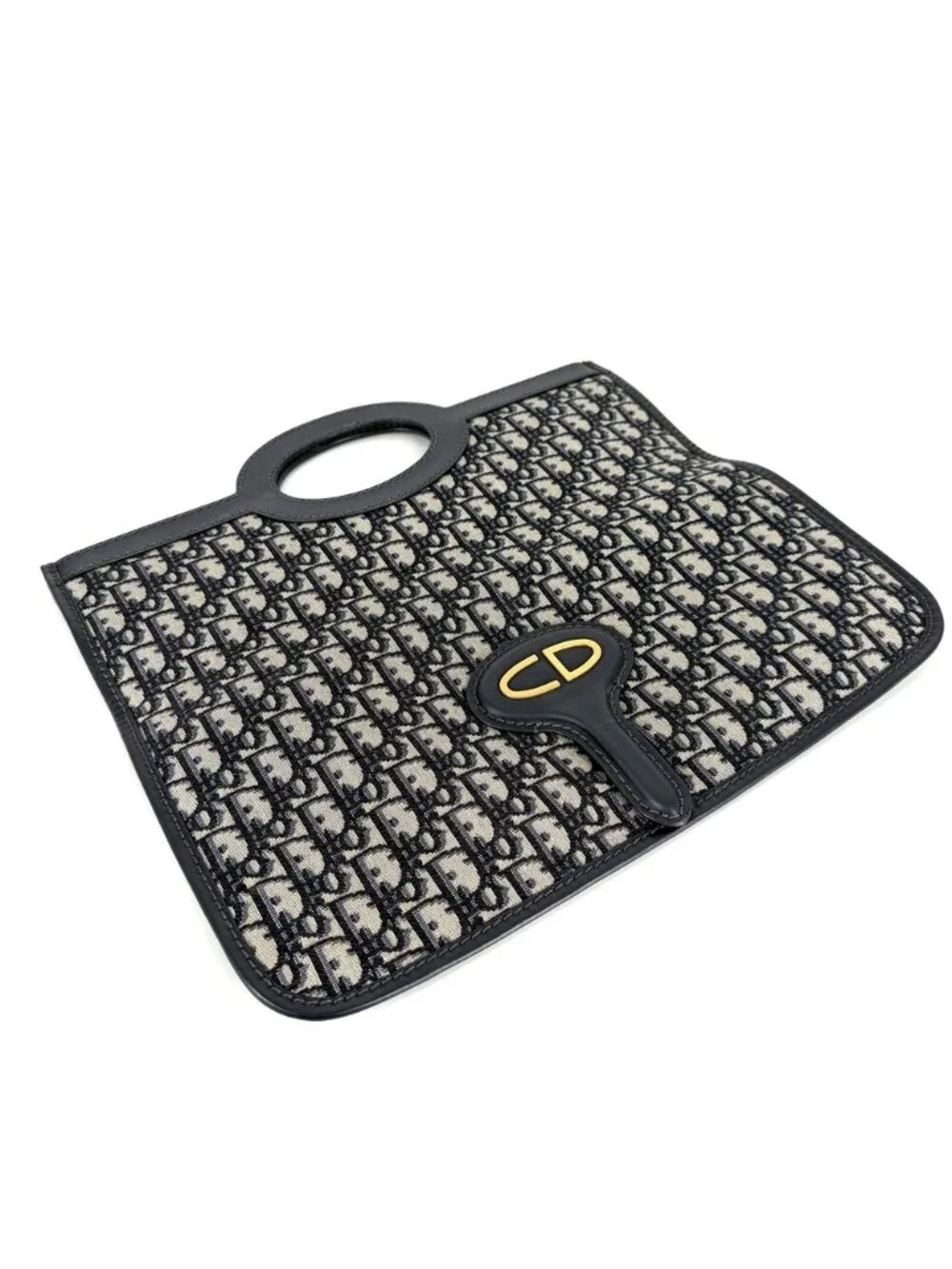 Dior 2-Way Oblique Clutch Handbag Canvas Leather Navy Gold